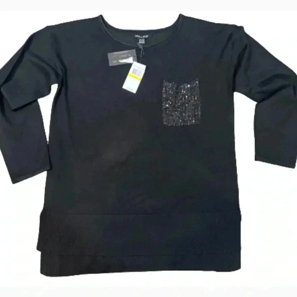 CABLE & GAUGE BLACK TUNIC  SWEATER LONG‎ SLEEVES SPARKLE POCKET SIZE MEDIUM NWT - Picture 3 of 9
